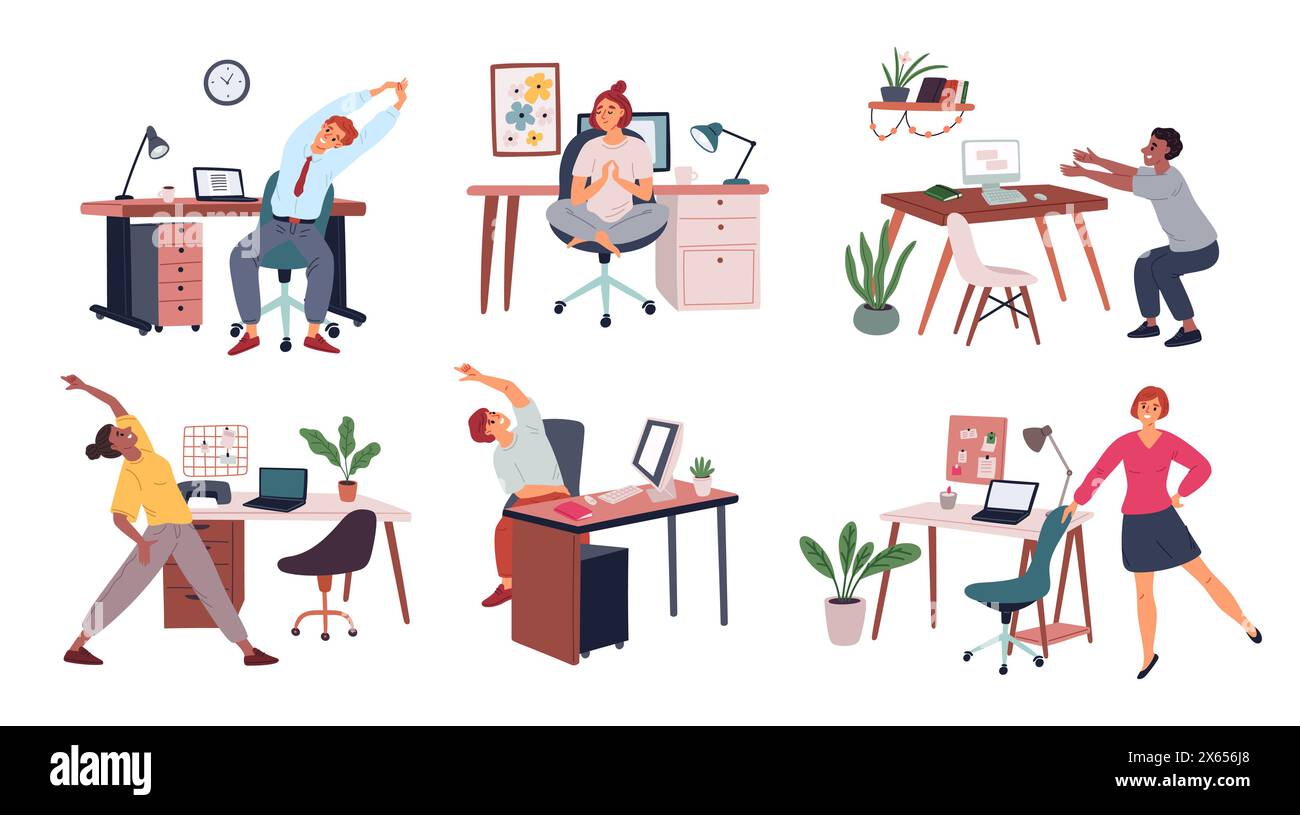 Étirements et exercices en milieu de travail. Entraînement sportif des gens. Syndrome de bureau. Forme physique pour les employés. Entraînement athlétique des freelancers. Soins corporels sains. Illustration de Vecteur