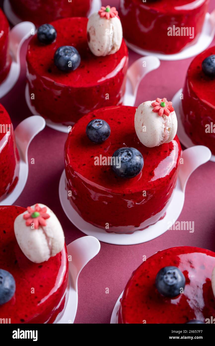 Gâteaux de mousse aux baies, savoureux dessert à la française décoré de mini macaron et de myrtilles Banque D'Images