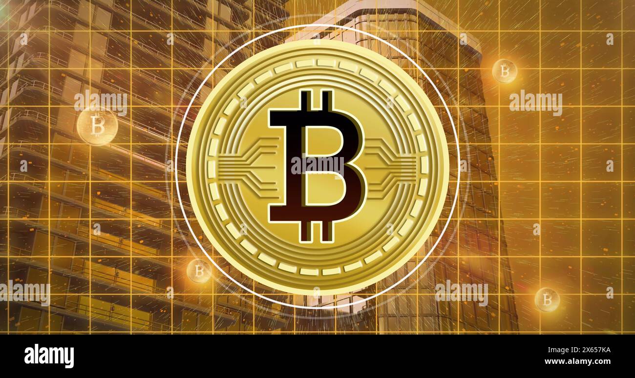 Image du traitement des données et des bitcoins sur Cityscape Banque D'Images