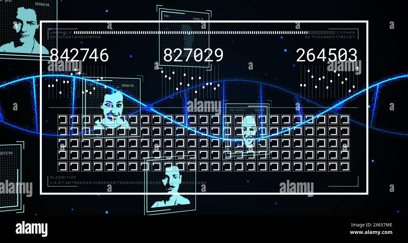 Image d'adn se déplaçant sur l'interface avec des carrés mobiles, des images de profil et des nombres changeants Banque D'Images