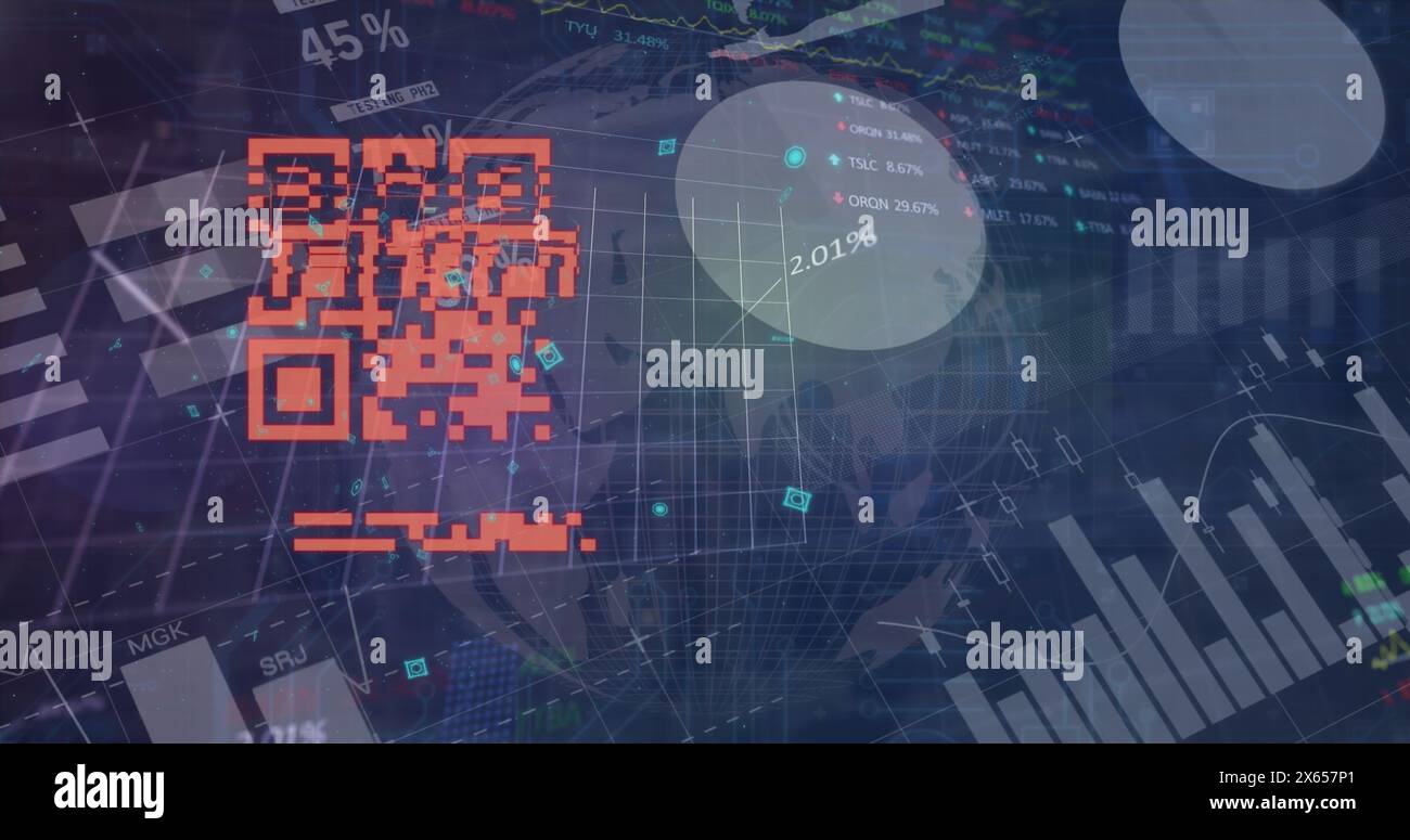 Image du traitement des données sur le globe et code qr Banque D'Images