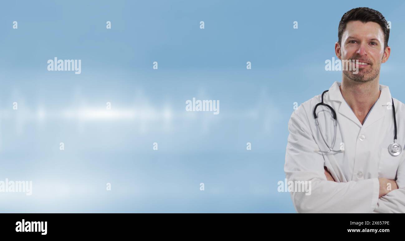 Image d'un médecin masculin caucasien sur des taches lumineuses Banque D'Images