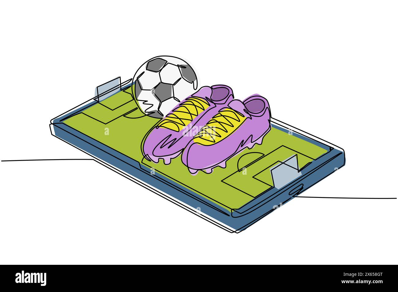 Continu une ligne dessinant des chaussures de football et des ballons de football sur l'écran de smartphone. Smartphone avec application soccer football. Championnat de flux de sport mobile Illustration de Vecteur