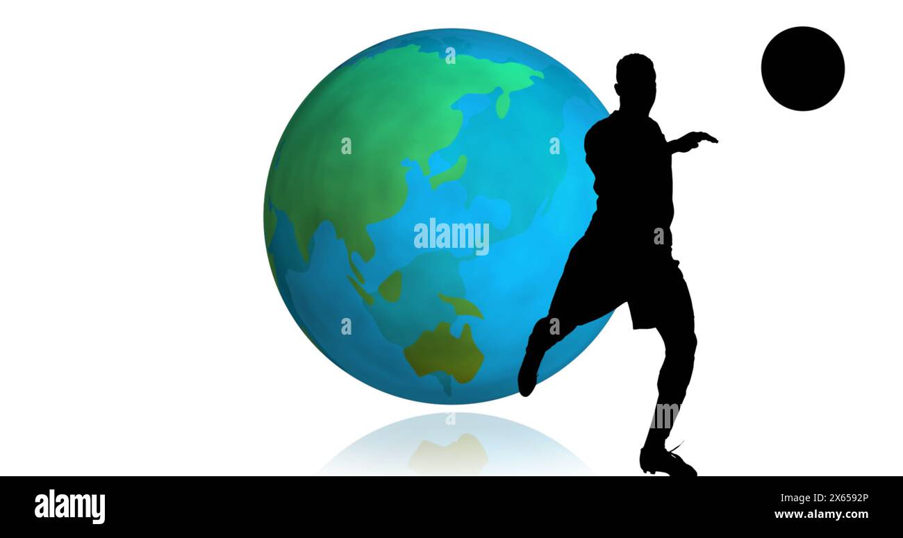 Image de silhouettes de joueur de football sur le globe sur fond blanc Banque D'Images