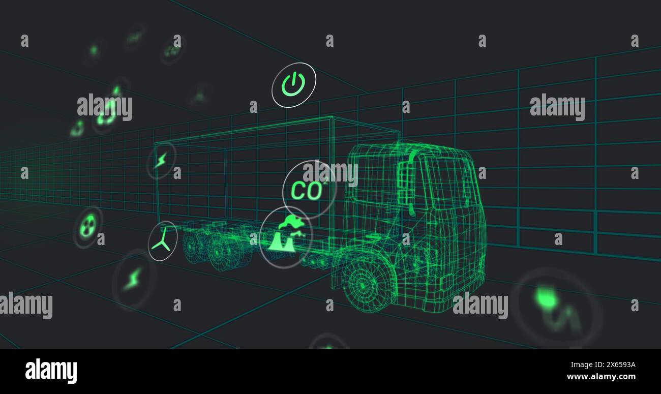 Image des icônes ECO et du traitement des données sur dessin technique de voiture 3D. Banque D'Images