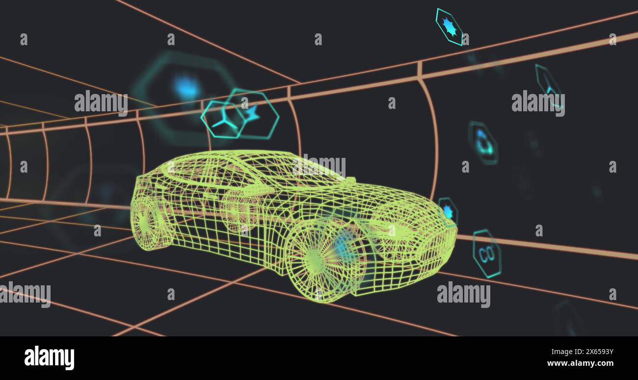 Image des icônes ECO et du traitement des données sur dessin technique de voiture 3D. Banque D'Images