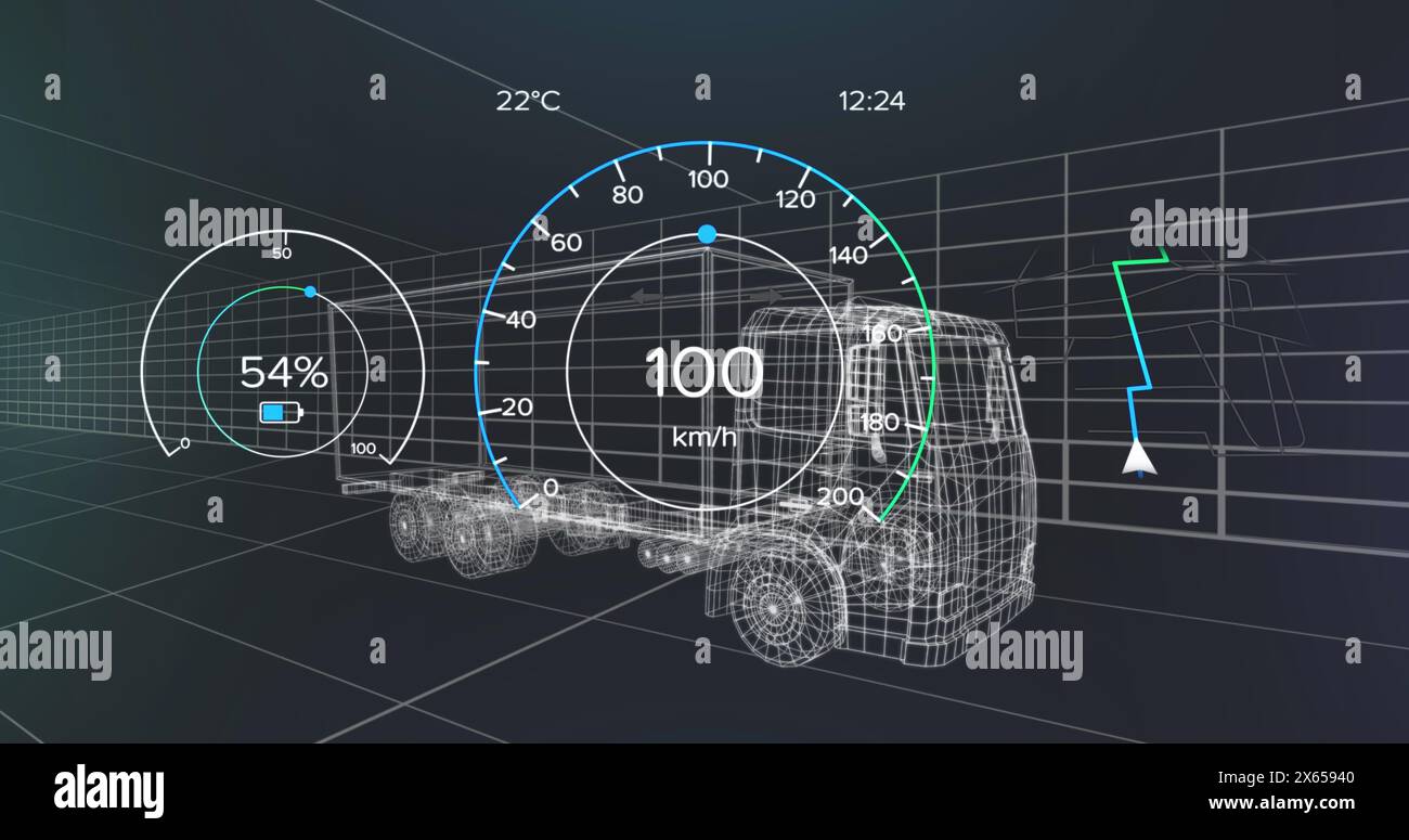 Image des icônes ECO et du traitement des données sur dessin technique de voiture 3D. Banque D'Images