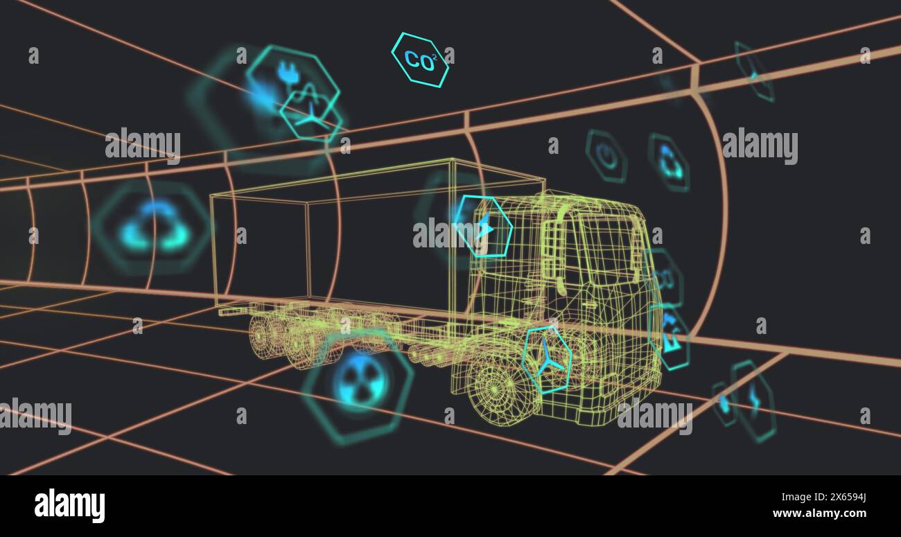 Image des icônes ECO et du traitement des données sur dessin technique de voiture 3D. Banque D'Images