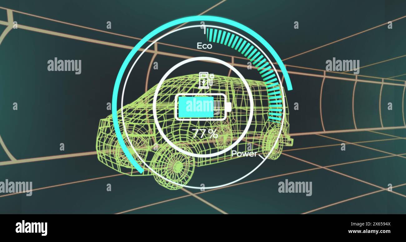 Image des icônes ECO et du traitement des données sur dessin technique de voiture 3D. Banque D'Images