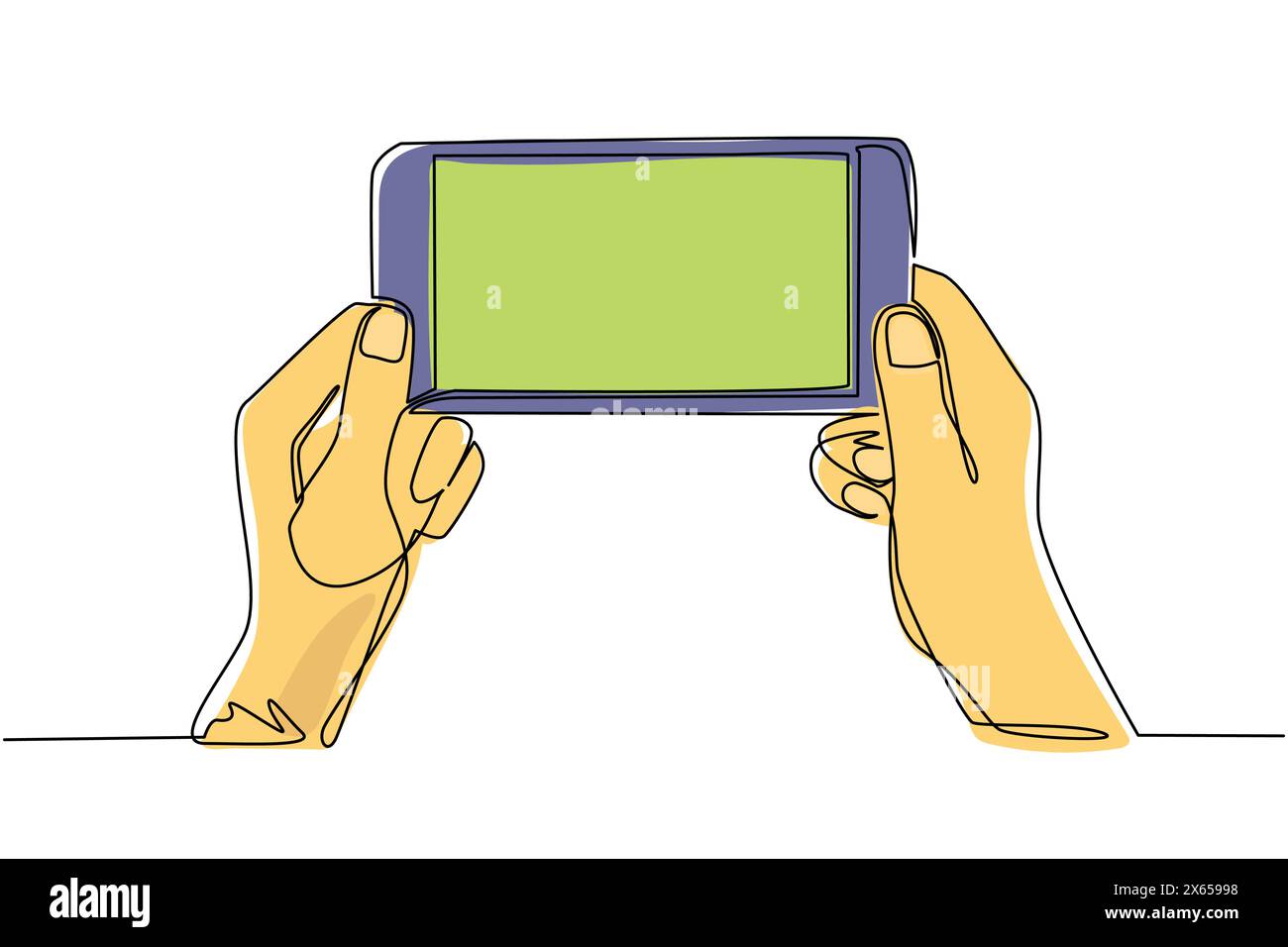 Une seule ligne dessinant deux mains tenant le téléphone et l'écran tactile. Streaming de football mobile. Match de sport mobile. Jeu de football en ligne avec live Illustration de Vecteur