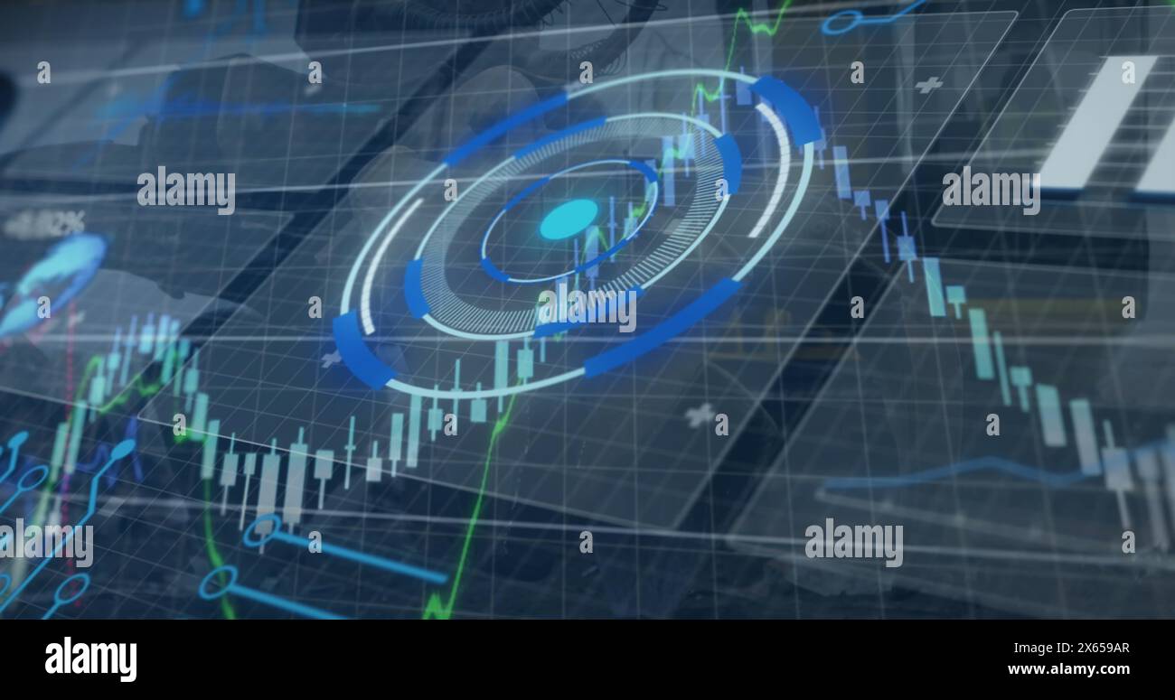 Image de l'interface avec le traitement des données financières contre la machine de levage hydraulique au chantier naval Banque D'Images