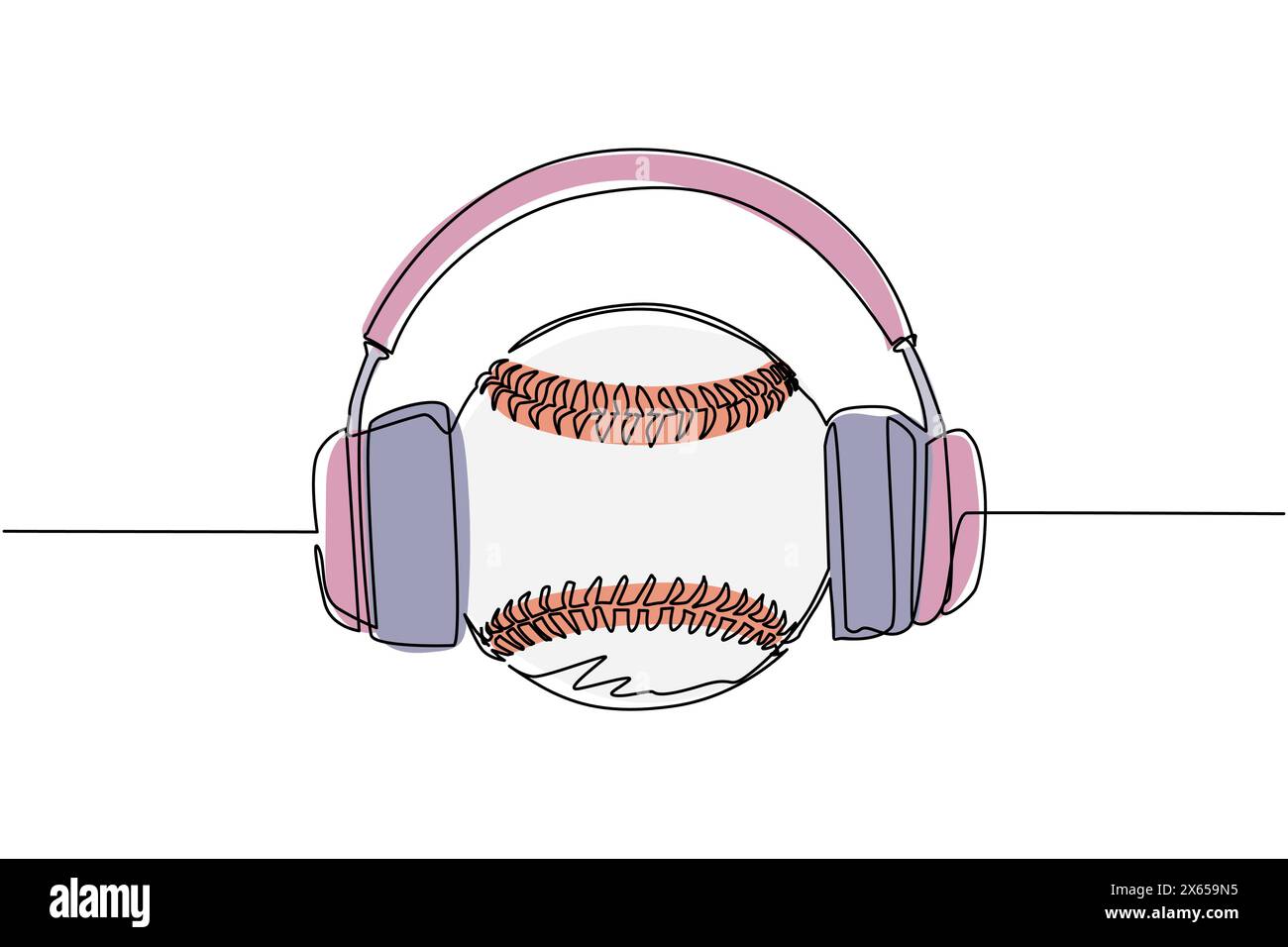 Balle de baseball à une ligne continue avec casque. Baseball commentateur sport icône concept blanc isolé. Style de dessin animé plat adapté au web, Illustration de Vecteur