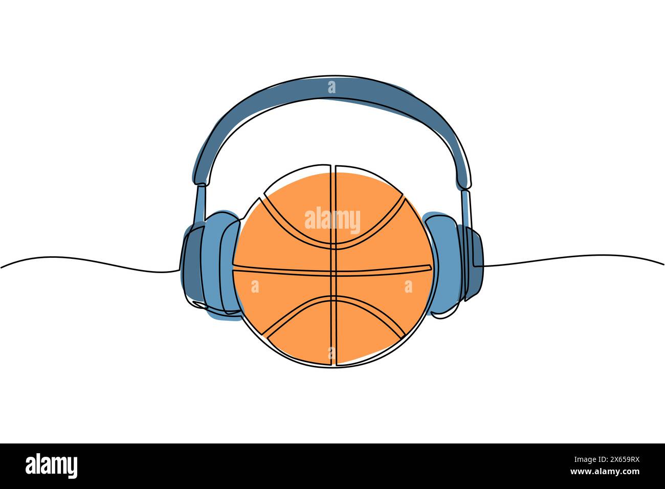 Ballon de basket-ball à une ligne avec casque. Concept d'icône sportive commentateur de basket-ball isolé. Style de dessin animé plat adapté pour le web, banne Illustration de Vecteur