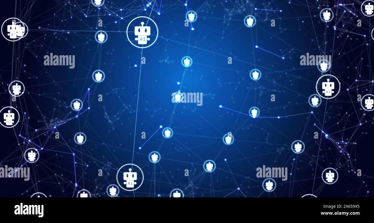 Image de points et d'icônes de robot se connectant avec des lignes et se déplaçant sur fond abstrait Banque D'Images