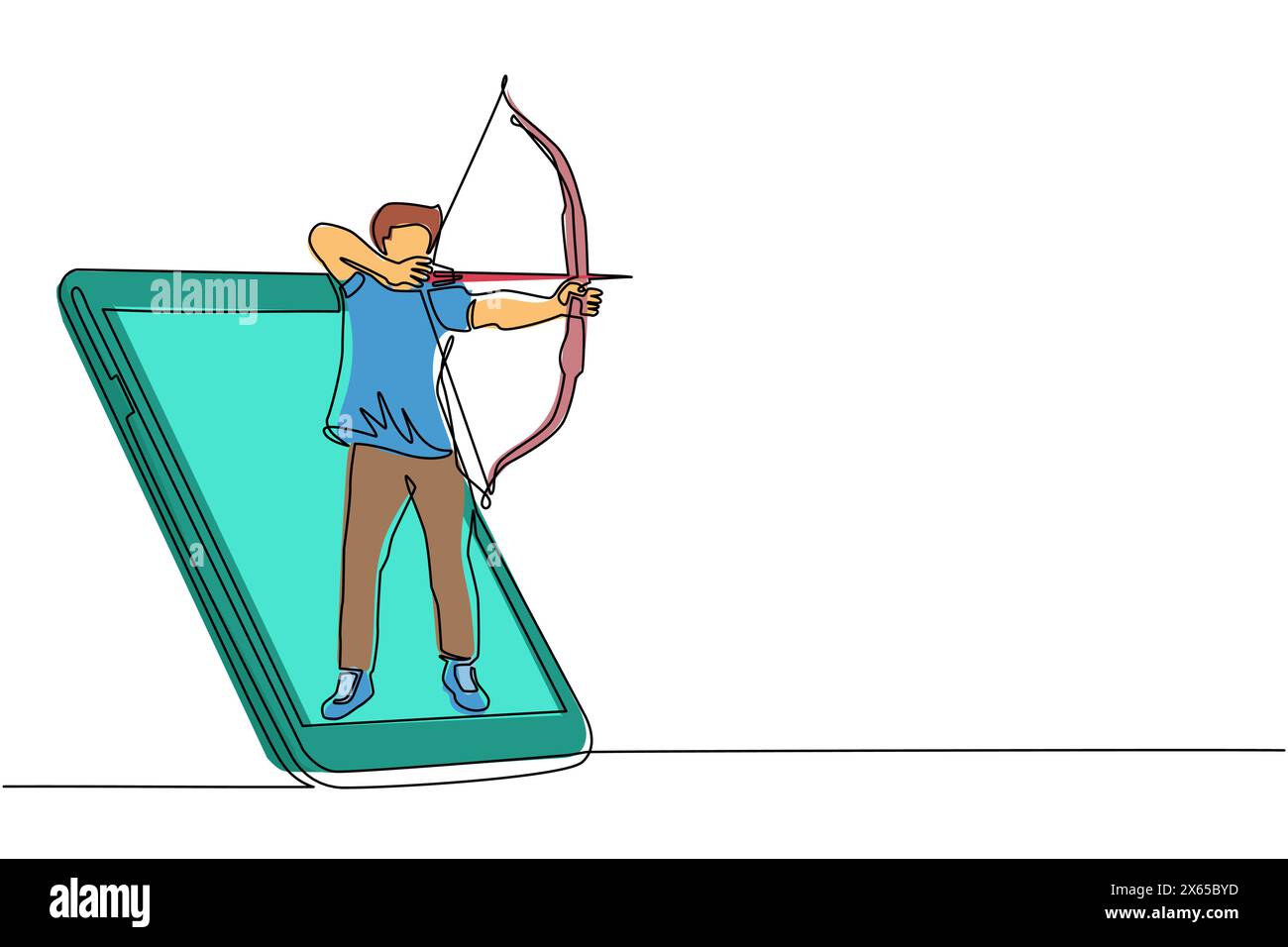 Homme de dessin simple d'une ligne avec arc et flèche sortant de l'écran du smartphone. Matchs de sport mobiles. Jeu de tir à l'arc en ligne avec application mobile en direct. Illustration de Vecteur