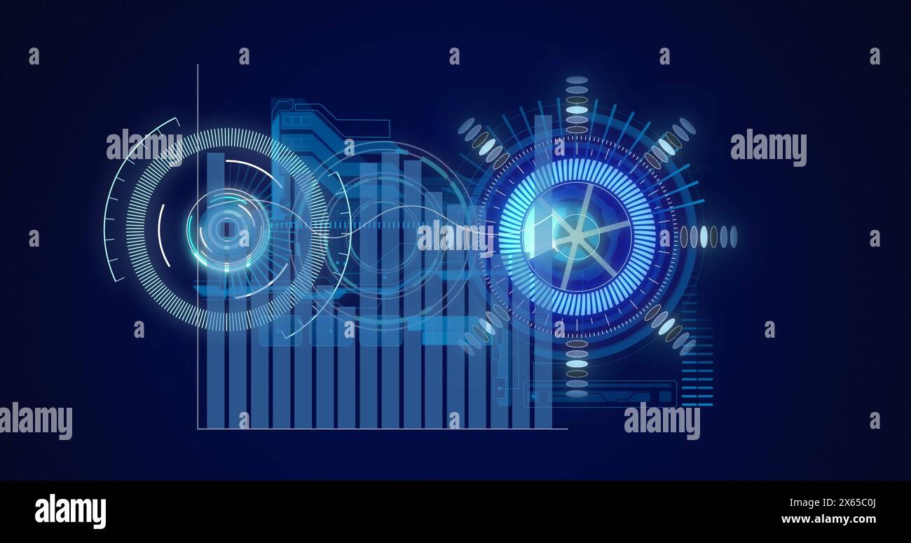 Image du balayage de l'oscilloscope et du traitement des données sur le traitement sûr circulaire sur fond noir Banque D'Images