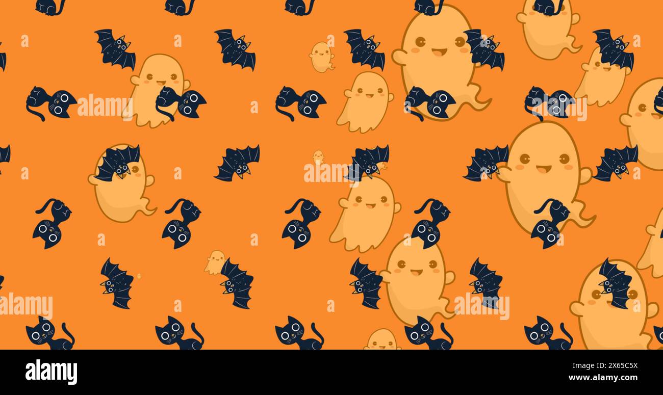 Image de fantôme d'halloween, chat et motif de chat sur fond orange Banque D'Images
