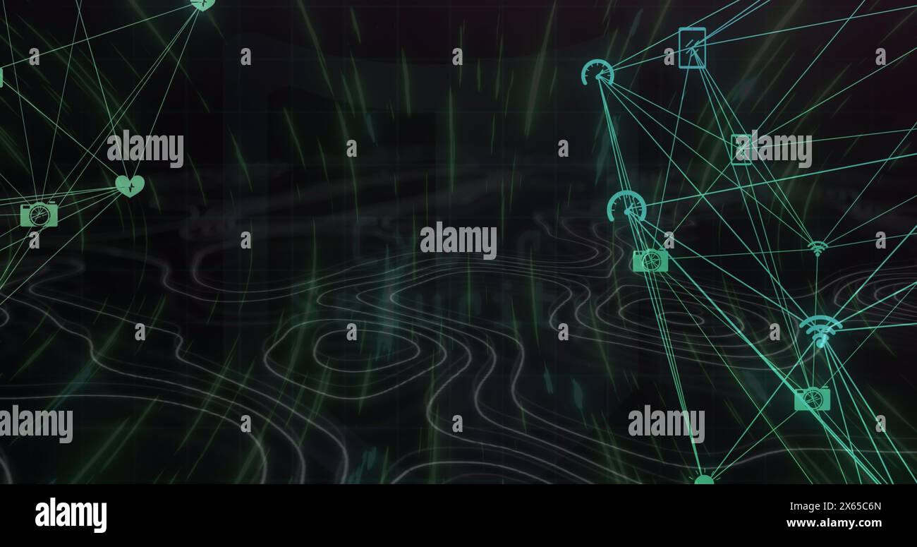 Image d'un texte de cybersécurité, bouclier, clé en cercle sur les icônes de l'application interconnectées avec des lignes Banque D'Images