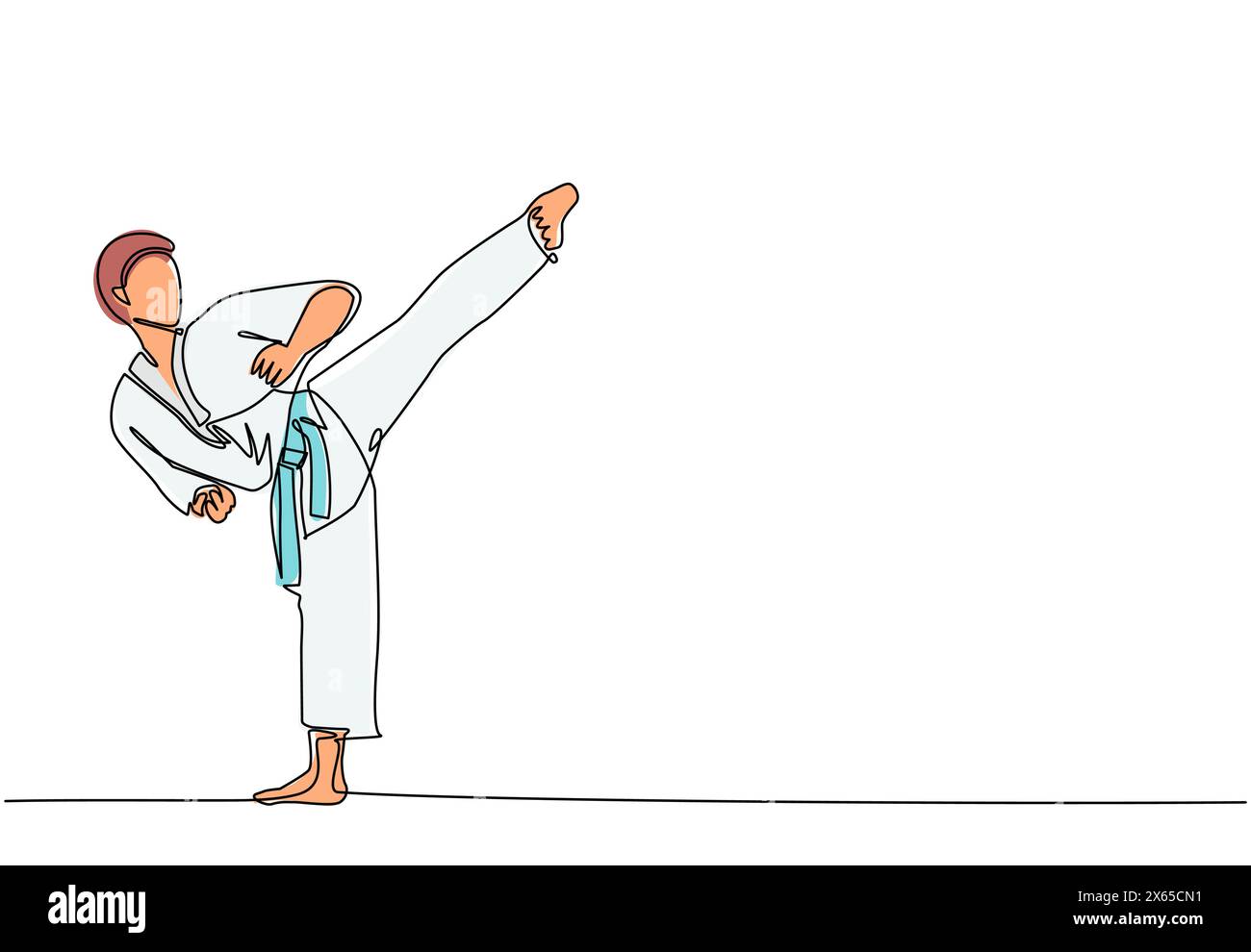 Continu une ligne dessinant jeune homme taekwondo sportif faisant la pose de coup de pied dans l'uniforme de combat avec ceinture exerçant l'art martial au gymnase. Vie sportive saine Illustration de Vecteur