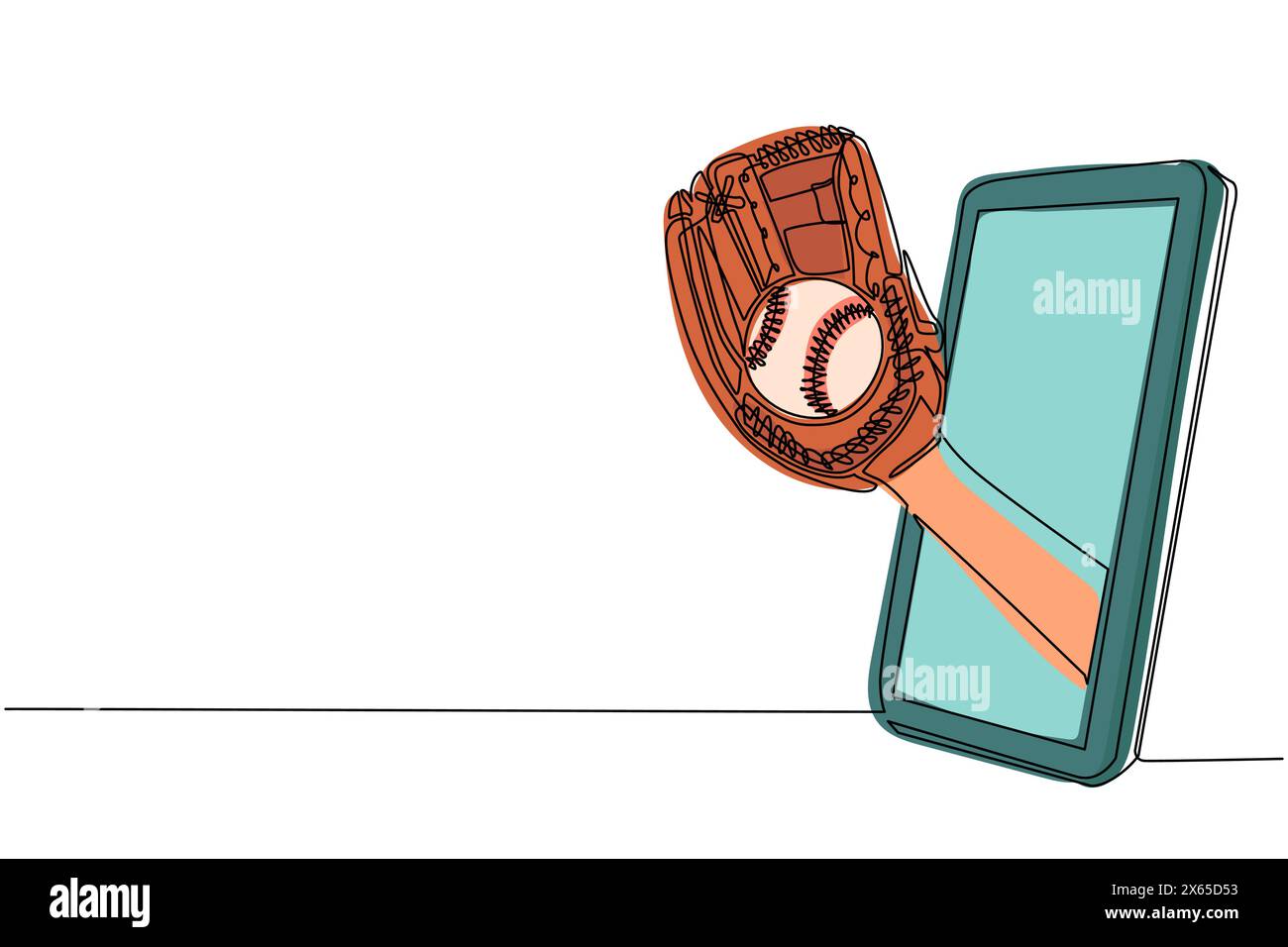 La main du lanceur de dessin de ligne continue unique tient la balle de baseball avec un gant par téléphone portable. Smartphone avec application de jeux de baseball. Str. De sport mobile Illustration de Vecteur