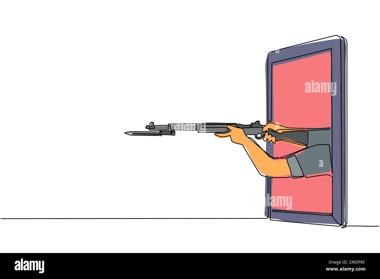 Fusil à main à ligne continue unique avec baïonnette attachée par téléphone mobile. Concept de jeux vidéo de guerre, e-sport, divertissement a Illustration de Vecteur