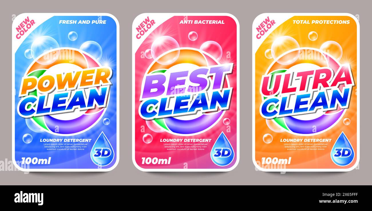 Autocollants pour détergent à lessive. Étiquettes de poudre à laver et de savon, nettoyant liquide et détachant, produits de lavage et de nettoyage. Ensemble de vecteurs Illustration de Vecteur