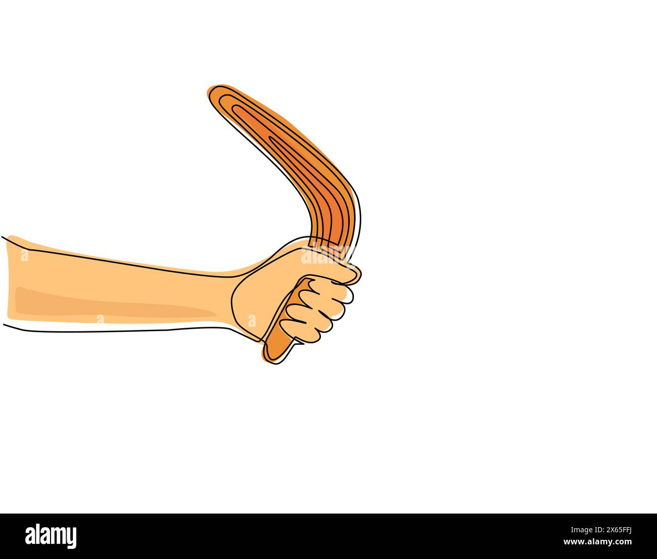 Une seule ligne dessinant la main tenant le boomerang, ancien outil de chasse aborigène d'Australie. Souvenir traditionnel, symboles indigènes australiens. Conti Illustration de Vecteur
