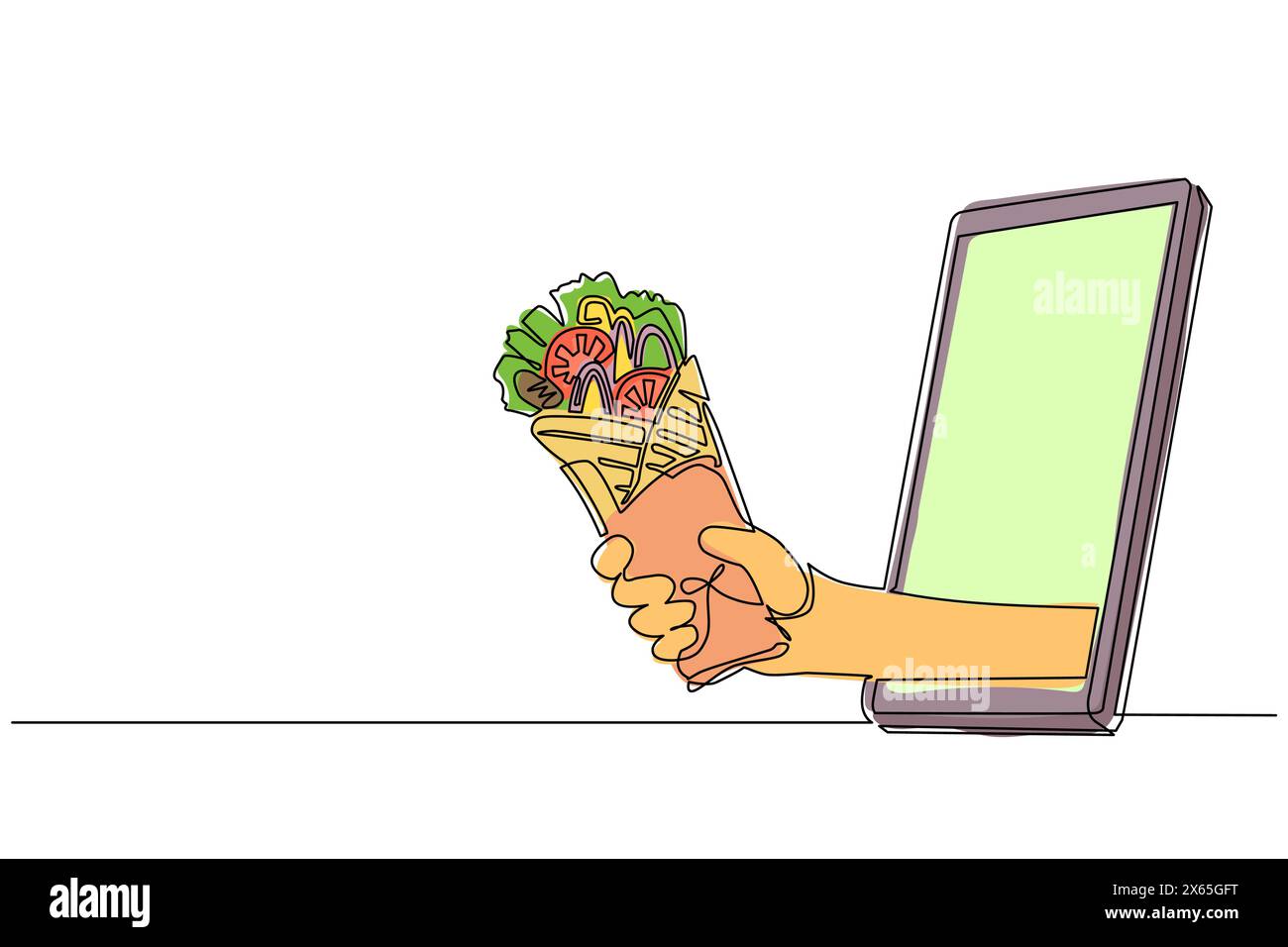 Main de dessin de ligne continue simple tenant shawarma par téléphone portable. Concept de restauration en ligne de livraison de commande de restaurant. Application pour smartphones. Illustration de Vecteur