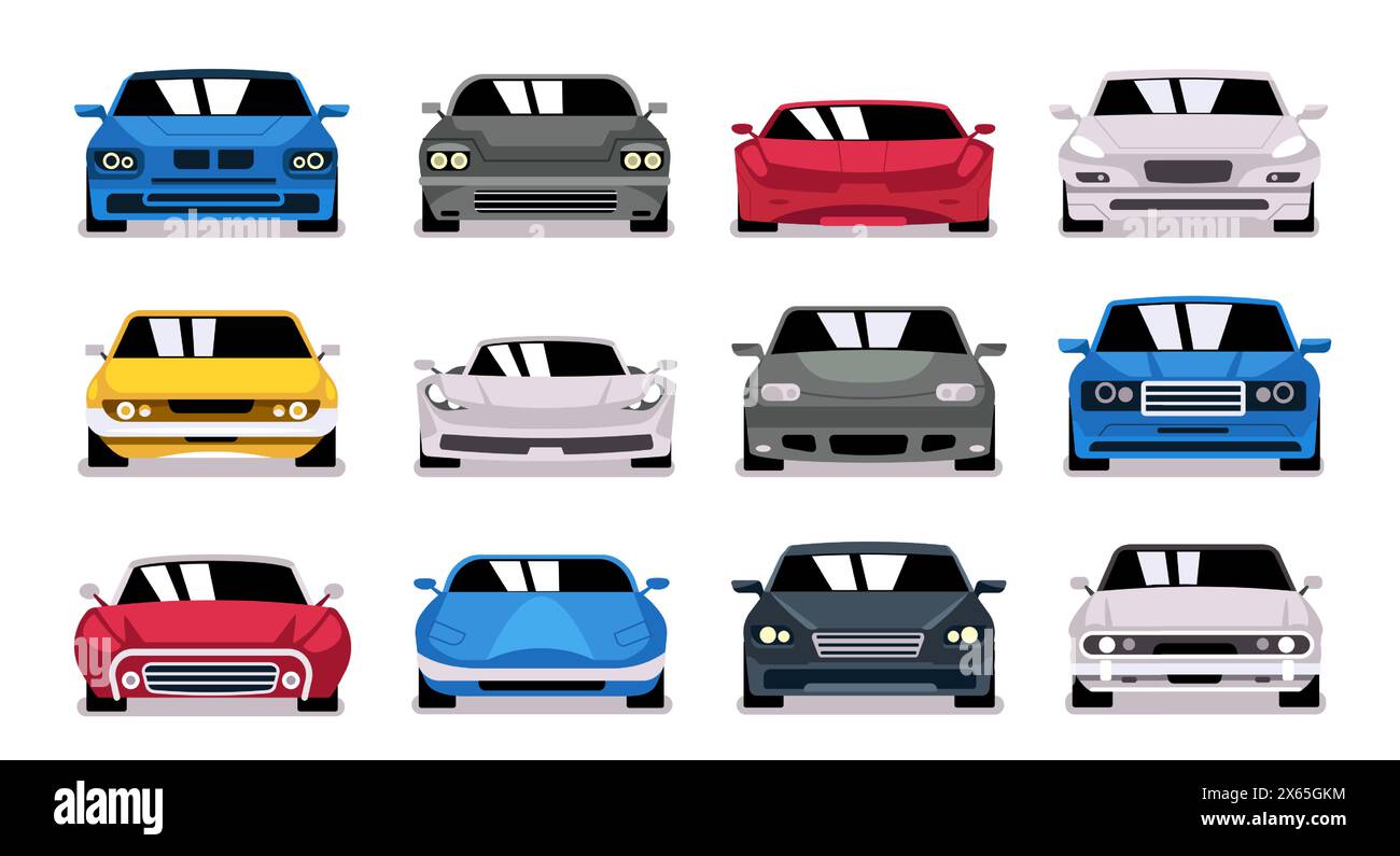 Avant de la voiture urbaine. Vue frontale du véhicule de berline moderne, icône de pièces automobiles avant de voiture, cabine de taxi de dessin animé plat de véhicule variée. Ensemble isolé de vecteur Illustration de Vecteur