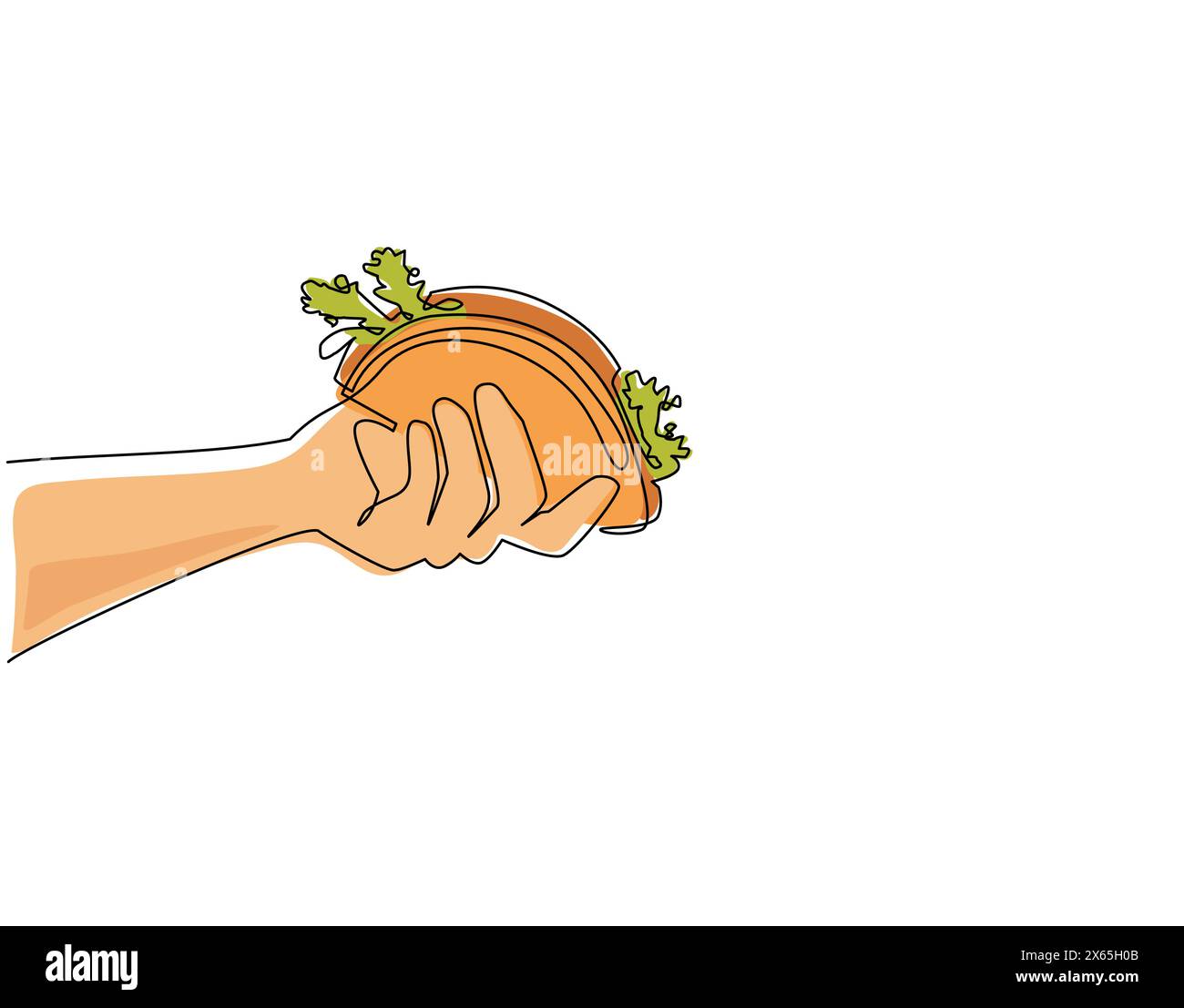 Main de dessin simple d'une ligne tenant taco mexicain. La malbouffe de rue. Repas mexicain. Main tenant tortilla. Bouchée et collation. Pour boire au restaurant ou au café Illustration de Vecteur