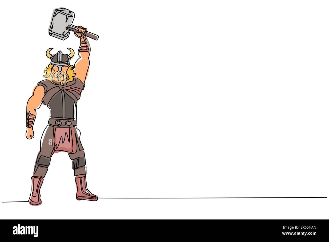 Simple une ligne dessinant homme nordique tenant le marteau en l'air. Vecteur de guerrier portant une armure de guerre viking. Personnage de Pagan et scandinavian myt Illustration de Vecteur