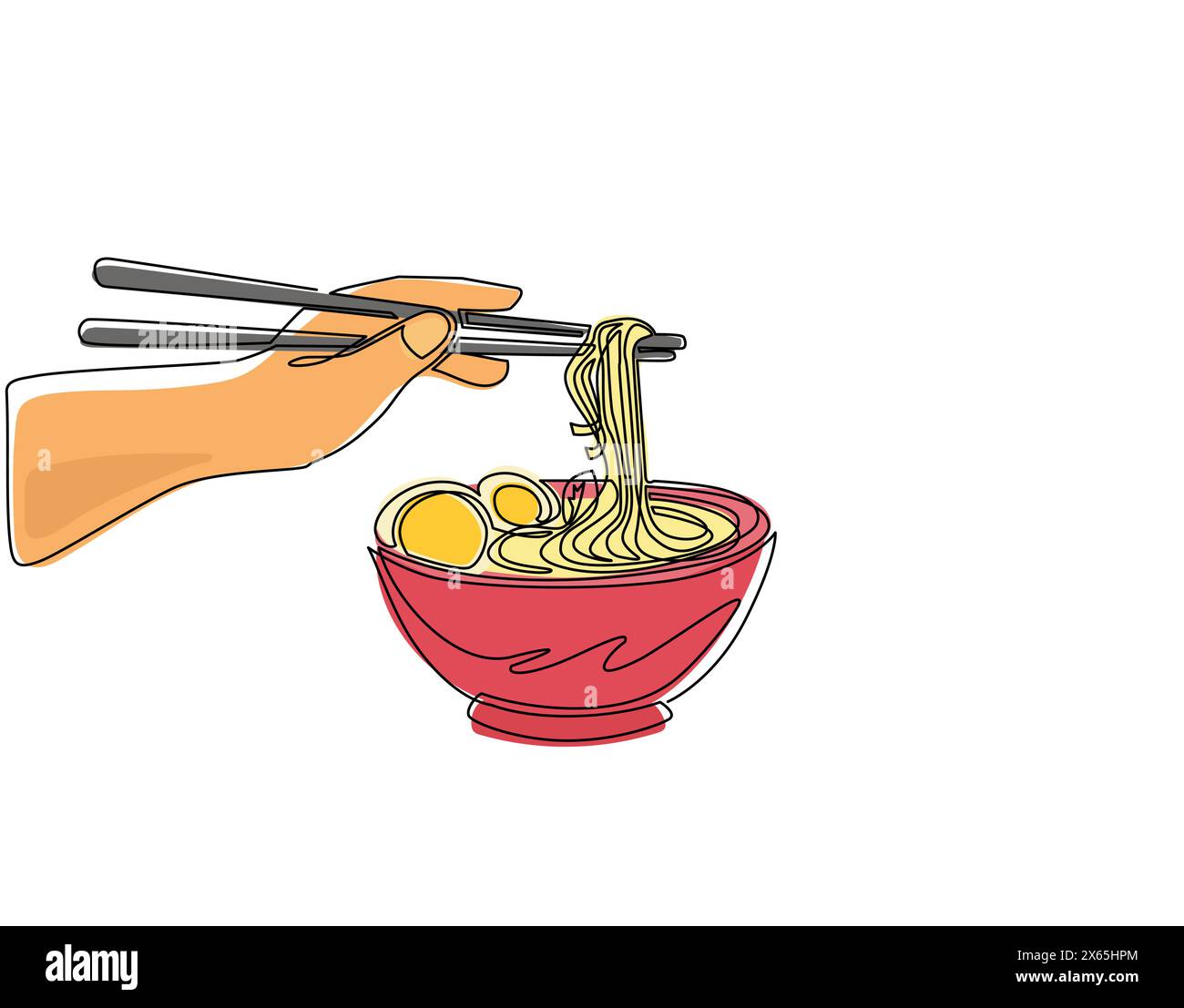 Une seule ligne continue dessinant la soupe ramen dessinée à la main dans un bol noir avec la main mâle tenant des baguettes. Nouilles japonaises. Cuisine traditionnelle asiatique. Dynamique Illustration de Vecteur