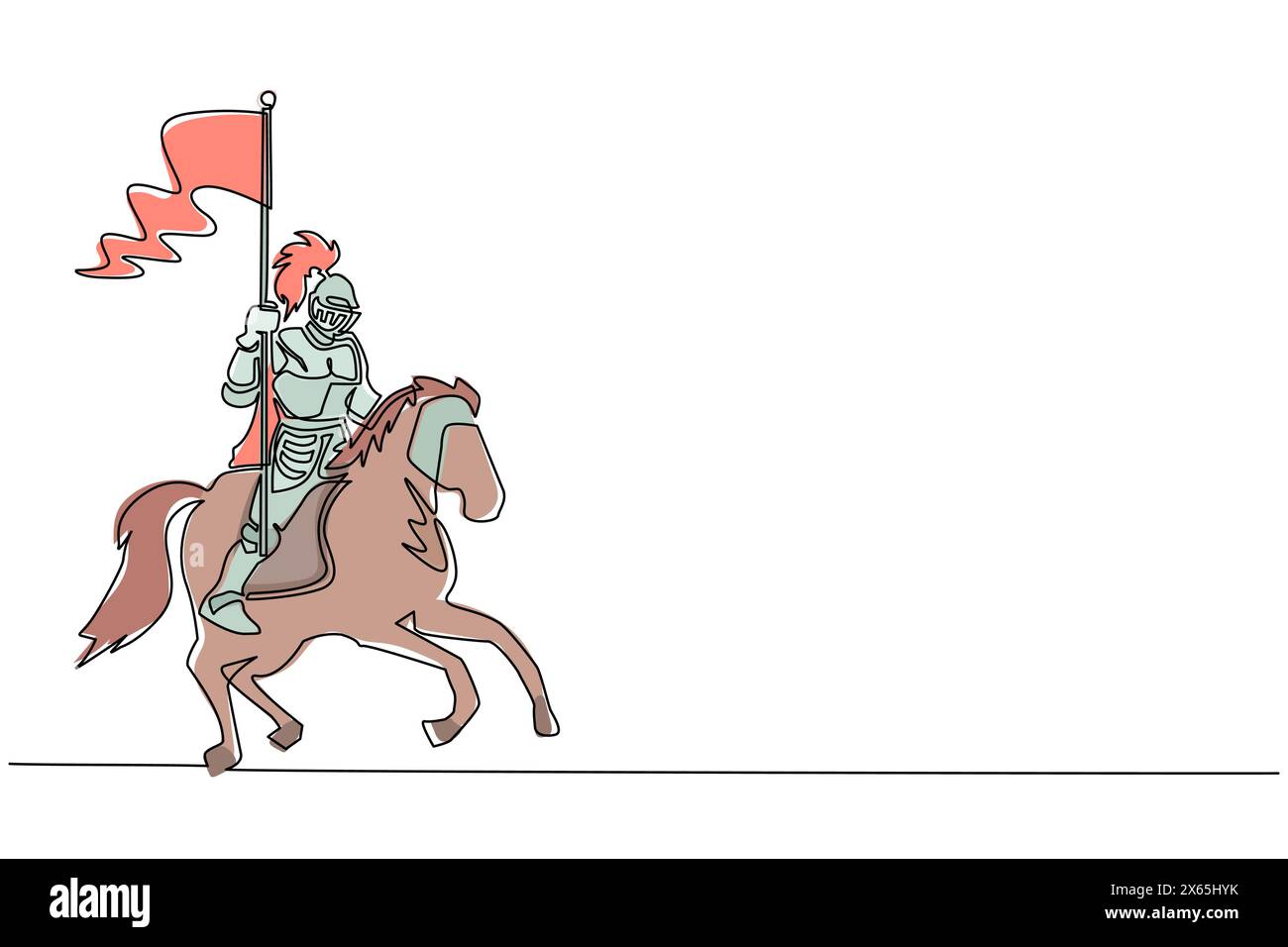 Ligne continue unique dessinant chevalier médiéval sur cheval portant drapeau. Chevalier monté en armure à cheval sur cheval tenant le drapeau. Vieux sapin Illustration de Vecteur