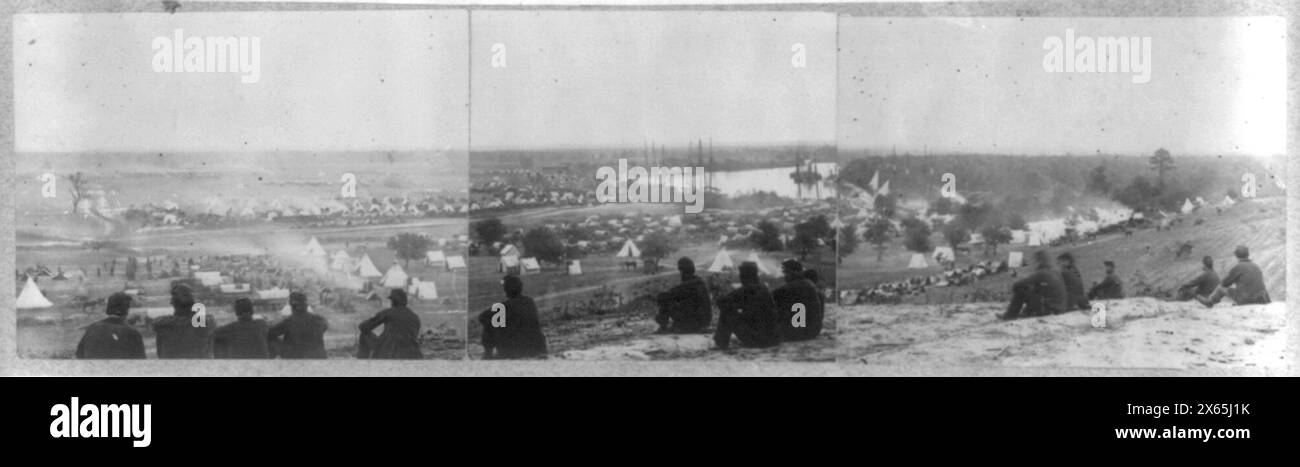 Vues panoramiques du campement de l'armée du Potomac à Cumberland Landing, sur la rivière Pamunky, mai 1862. Image du haut en deux sections ; image du bas en trois sections., Collection de photographies de la guerre de Sécession.. Camps militaires--Union--Virginie--Cumberland--1860-1870. , États-Unis--histoire--Guerre civile, 1861-1865--installations militaires--Union. Banque D'Images