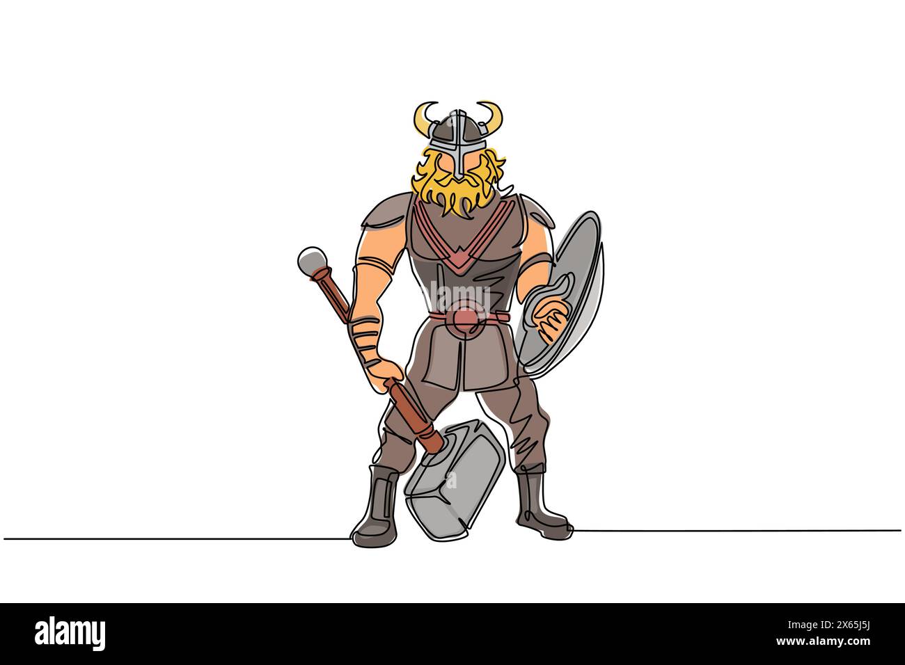 Simple une ligne dessinant homme guerrier viking dans un casque à cornes tenant le marteau et le bouclier. Personnage de dessin animé mâle avec arme debout dans la posture belligérante Illustration de Vecteur