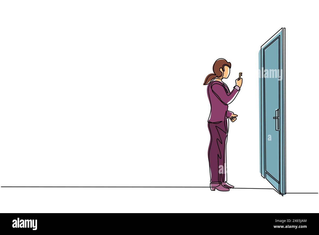 La femme d'affaires dessinant une ligne continue unique soulève la clé devant la porte. Femme tenant la clé pour ouvrir la porte du bureau. Commencer la matinée avec esprit à W. Illustration de Vecteur