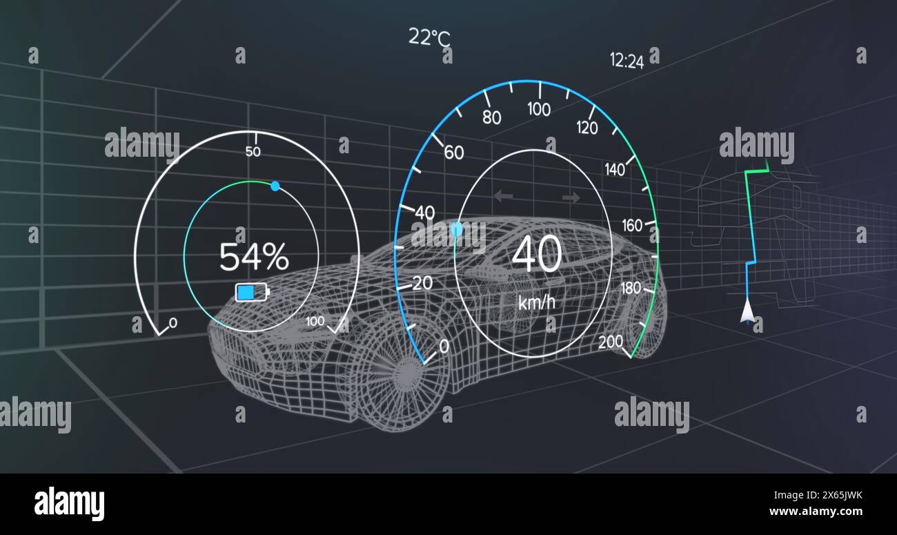 Image du traitement des données du tableau de bord numérique sur l'icône de la voiture dans un modèle transparent Banque D'Images