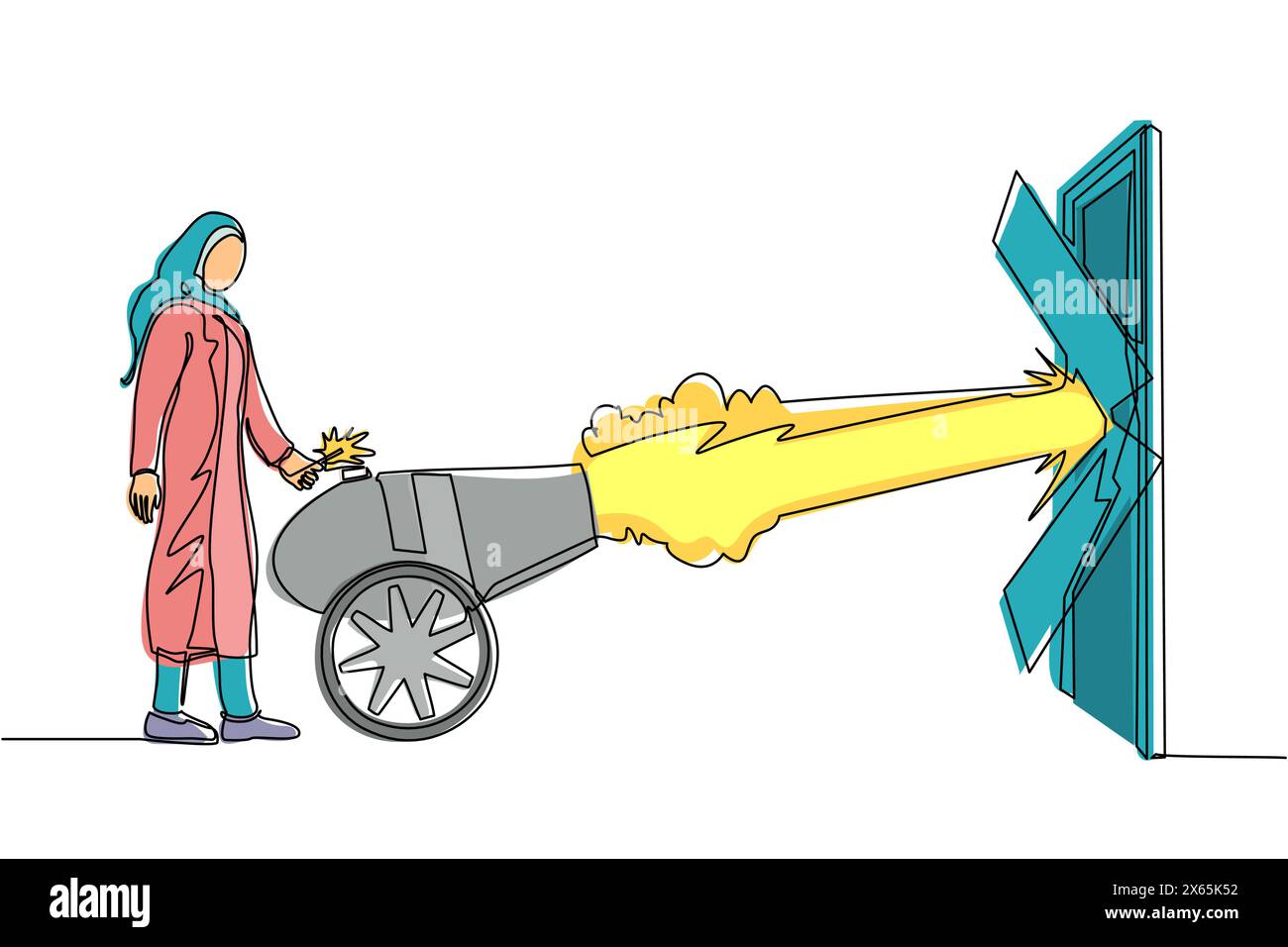 Une seule ligne continue dessinant une femme d'affaires arabe enflamme un canon devant la porte et détruisant la porte. Éliminer la barrière des entrées, détruire obst Illustration de Vecteur