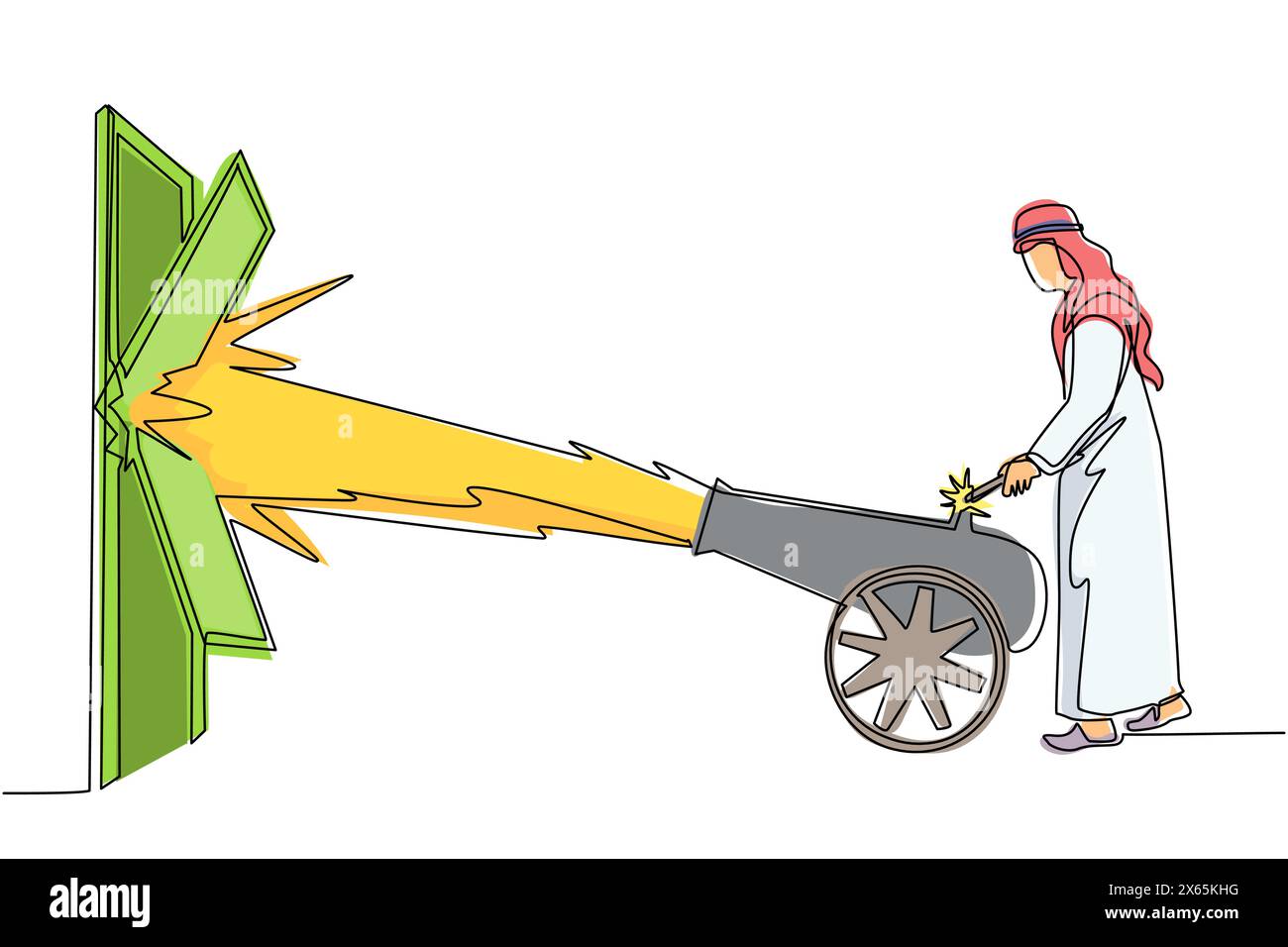 Une ligne continue dessinant un homme d'affaires arabe enflamme un canon devant la porte et détruisant la porte. Éliminer la barrière des entrées, détruire les obstacles Illustration de Vecteur