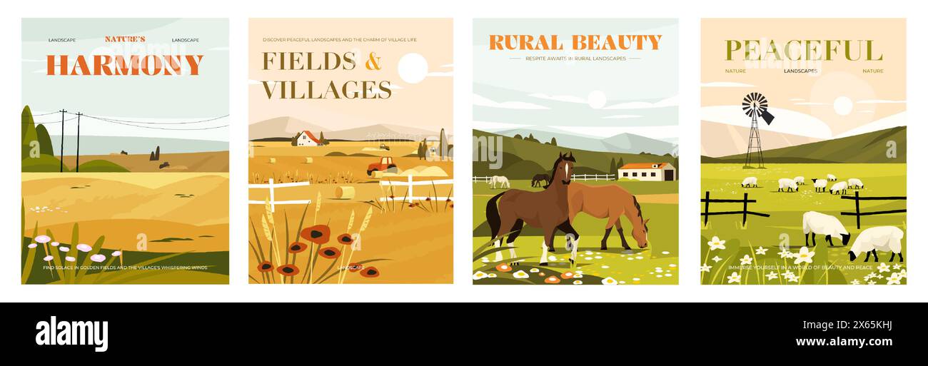 Couvertures paysagères agricoles. Panorama de la ferme avec moissonneuse-batteuse, arbres et animaux, scène de la ferme avec tracteur et animaux. Vecteur rural panoramique Illustration de Vecteur