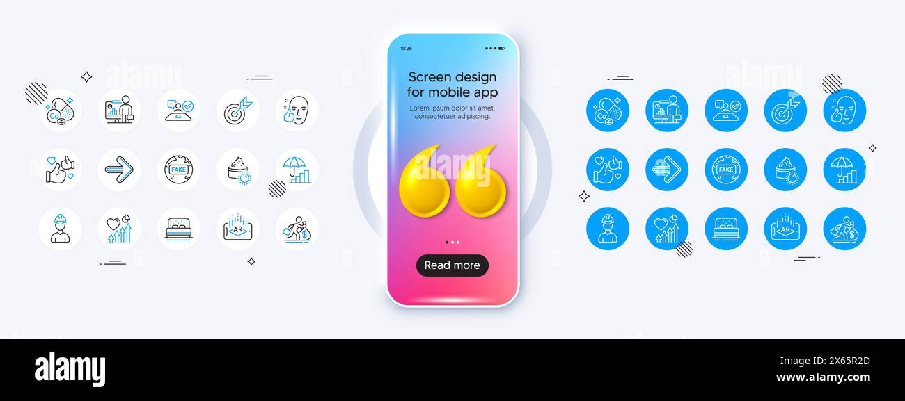 Fausses nouvelles, visage sain et icônes ligne suivante. Pour l'application Web, impression. Maquette de téléphone avec icône de devis 3D. Vecteur Illustration de Vecteur