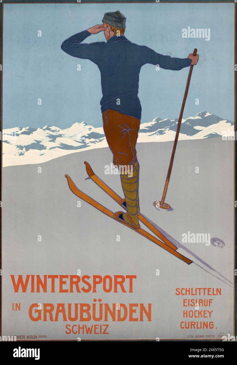 Affiche de voyage sportive suisse vintage. Sports d'hiver à Graubunden, Suisse, avec skieur sur scène de montagne. Par Walther Koch, 1906 . Banque D'Images