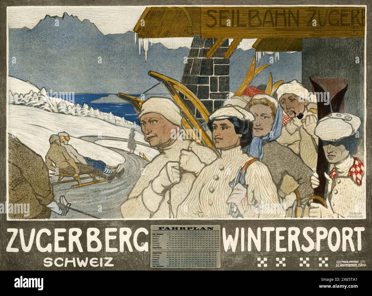 Affiche de voyage sportive suisse vintage. Sports d'hiver à Zugerberg, Suisse, avec des traîneaux sur la scène de montagne prise de la gare par Burkhard Mangold, 1907 Banque D'Images