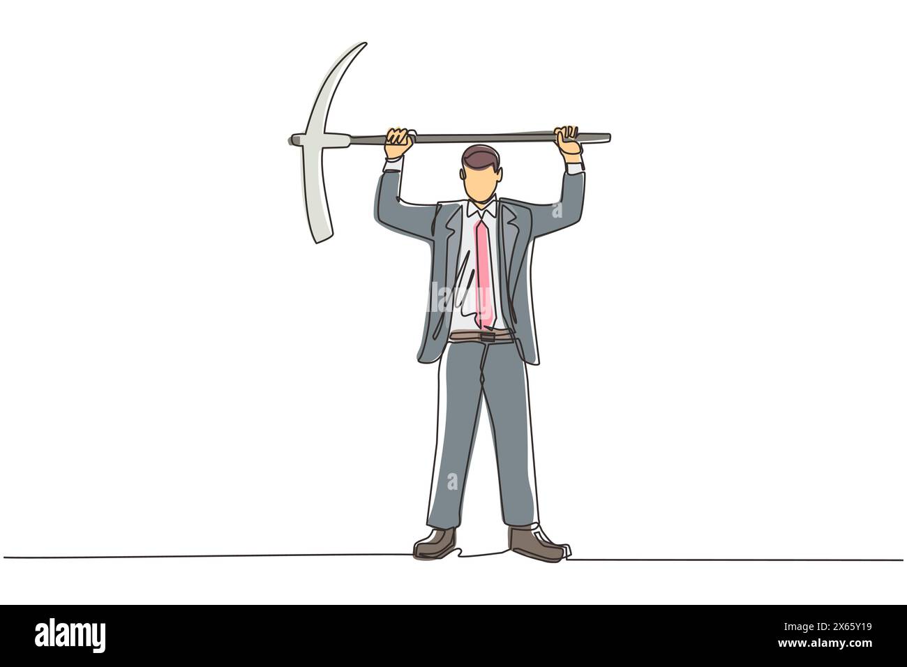 Simple ligne continue dessinant homme d'affaires debout et soulevant la grande pioche. Concept commercial. Décrit le travail acharné, la réussite, la réussite et la découverte. Illustration de Vecteur