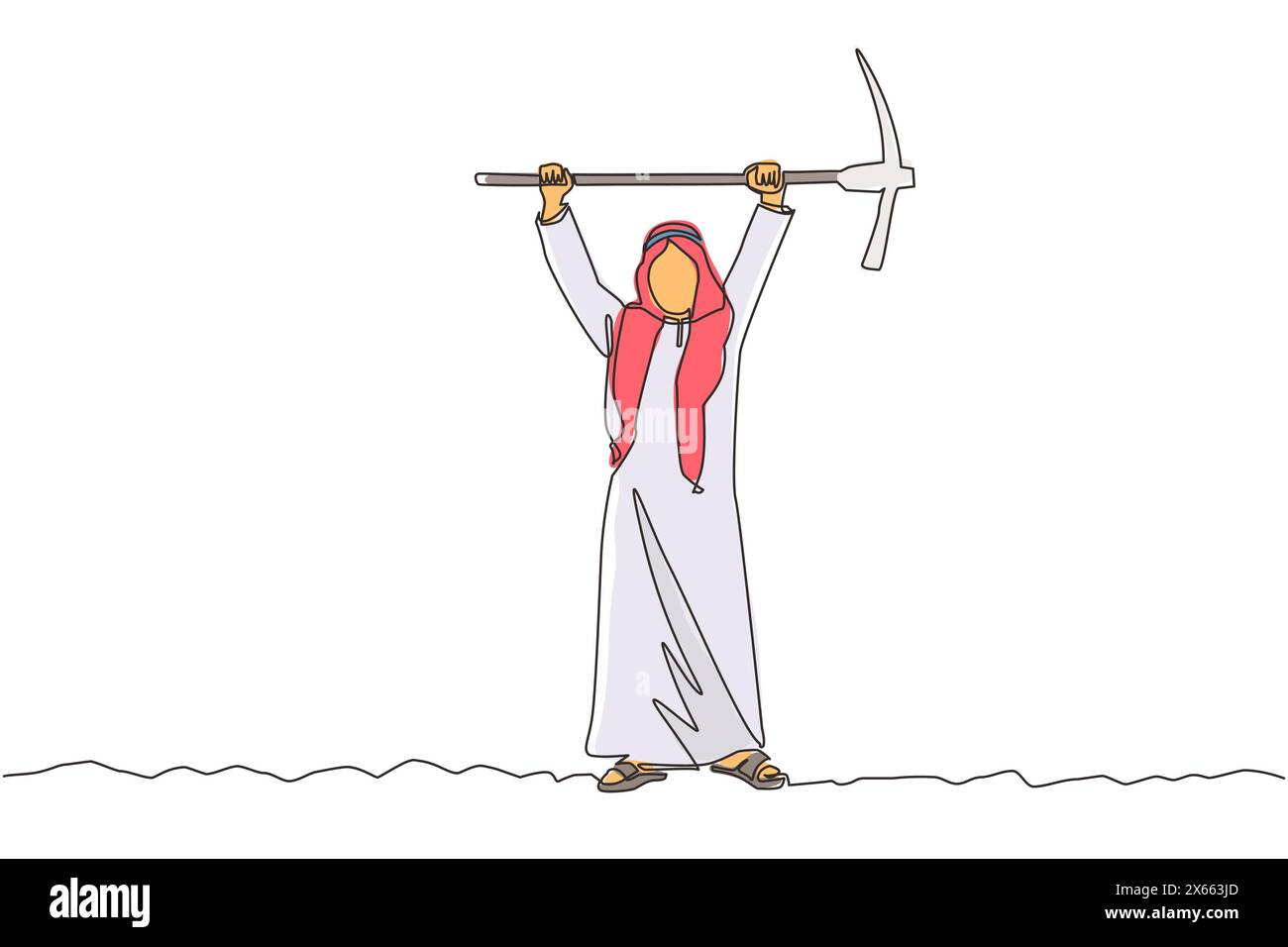 Continue d'une ligne dessinant femme d'affaires debout et soulevant la grande pioche. Concept commercial. Décrit le travail acharné, la réussite, la réussite, la découverte. Chantez Illustration de Vecteur