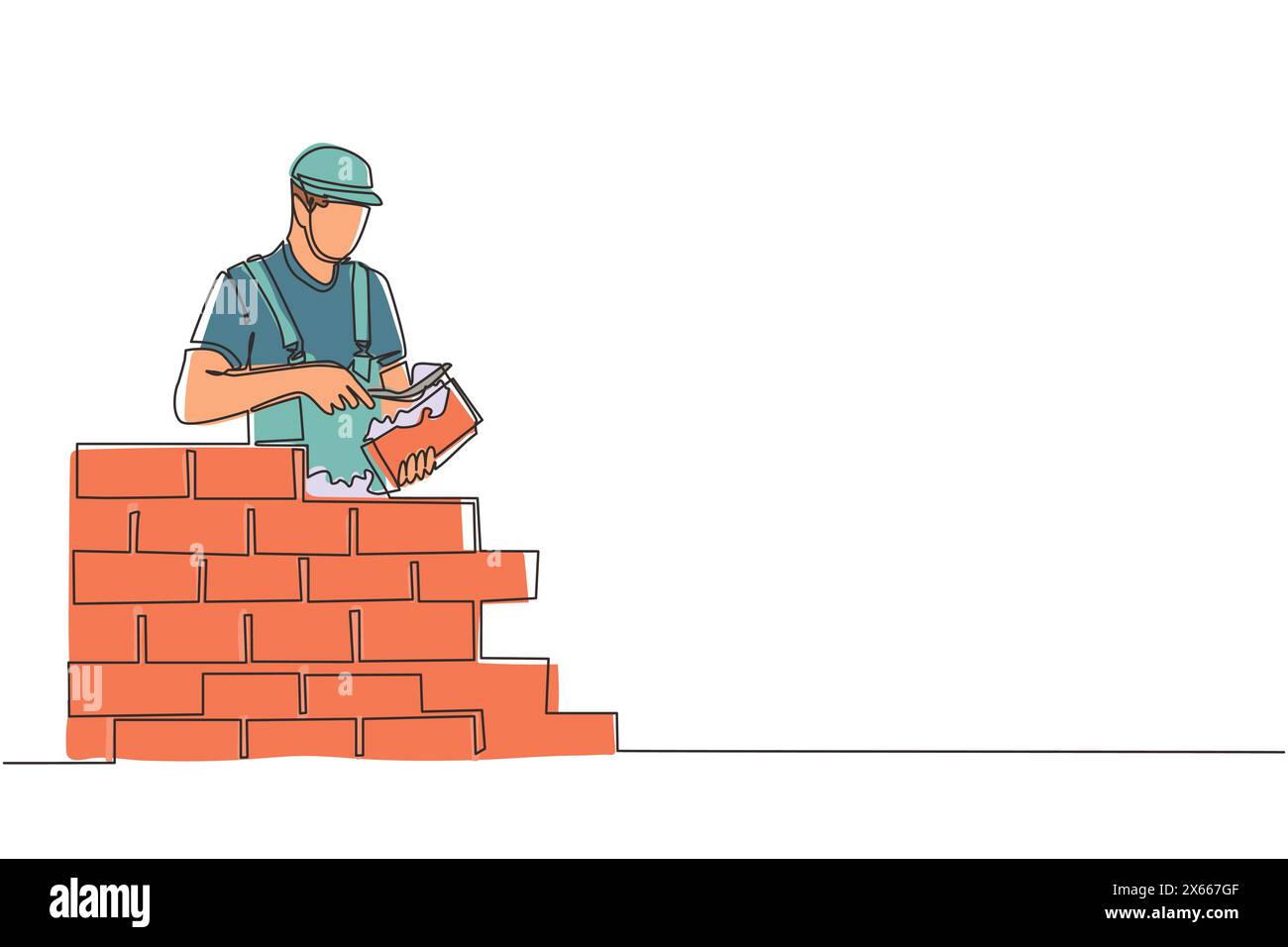 Mur de briques de construction de réparateur à une ligne continue. Travailleur de la construction en uniforme et casque effectuant des travaux. Concept de constructeur. Services de réparation Illustration de Vecteur