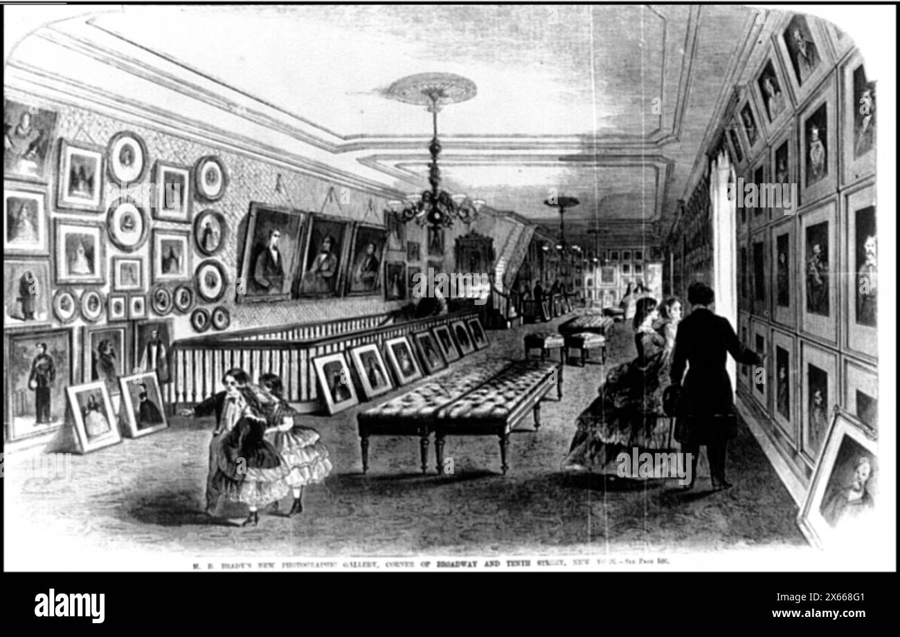 La nouvelle galerie photographique de M.B. Brady, à l'angle de Broadway et Tenth Street, New York / A. Berghaus del., . Illus. Dans : Frank Leslie's Illustrated Newspaper, 1861 Jan. 5, p. 108., fait partie de civil War Glass Negative and Related Prints Collection (Library of Congress)., American Memory Edition timelinecivil War Photographes 1861-1865 Banque D'Images