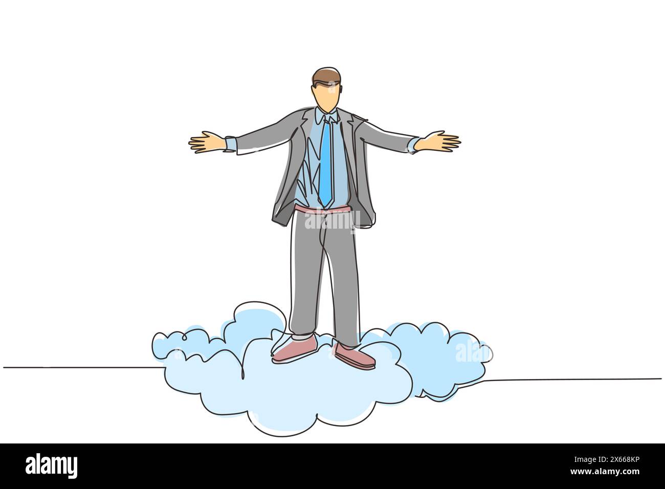 Simple une ligne dessinant homme d'affaires heureux sur le dessus du nuage avec les mains levées. Concept commercial réussi. Liberté financière, bonheur, paisible. Suite Illustration de Vecteur