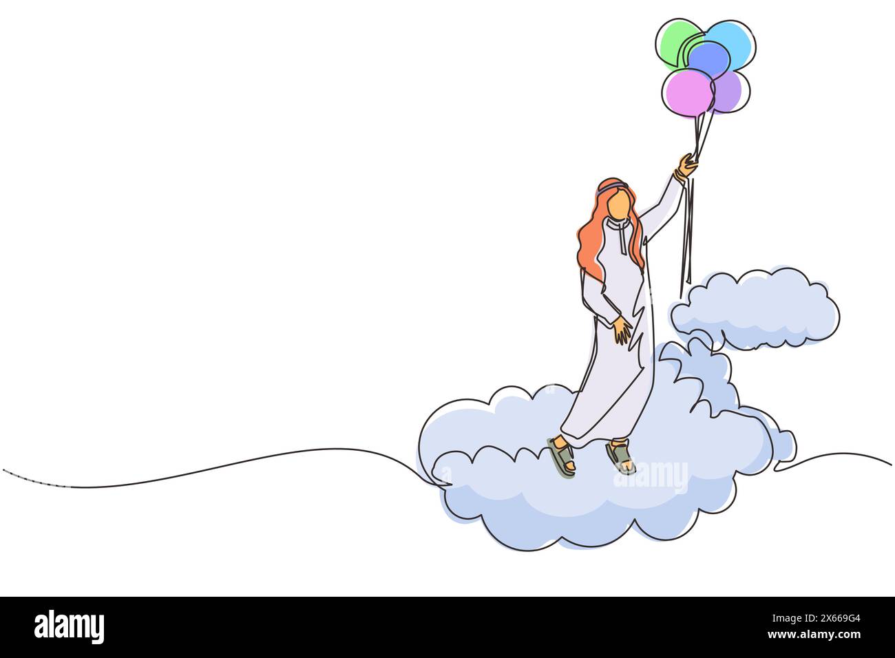 Simple une ligne dessinant homme d'affaires arabe flottant avec ballon. Homme tenant un ballon volant à travers les nuages. Travailleur atteint le but, cible, trouve solutio Illustration de Vecteur