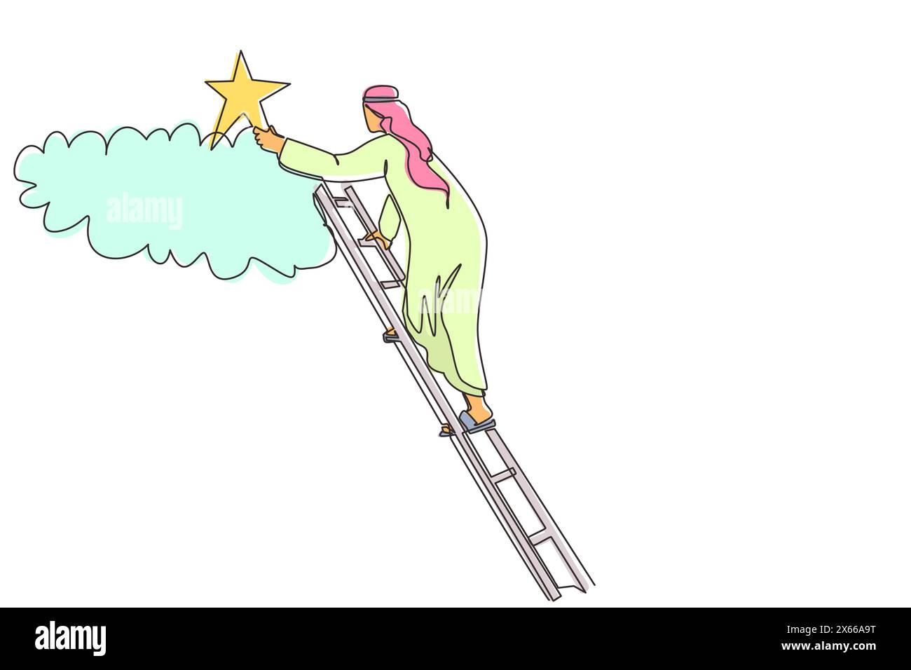 Simple une ligne dessinant l'homme d'affaires arabe se tient debout sur les escaliers et atteint l'étoile sur le ciel. Objectifs et rêves. Affaires, carrière, concept de réalisation. Illustration de Vecteur